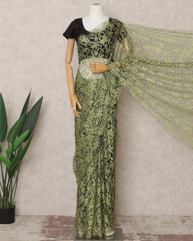 Olive Green Premium French 2Tone Chantilly Saree Lace Fabric, Approx. 5.5 Mtrs, Width 110 Cms, Made in France-D24069 Regal Fabrics