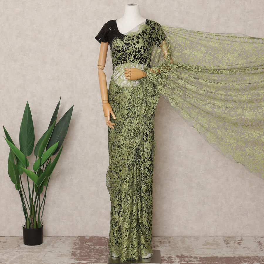 Olive Green Premium French 2Tone Chantilly Saree Lace Fabric, Approx. 5.5 Mtrs, Width 110 Cms, Made in France-D24069 Regal Fabrics