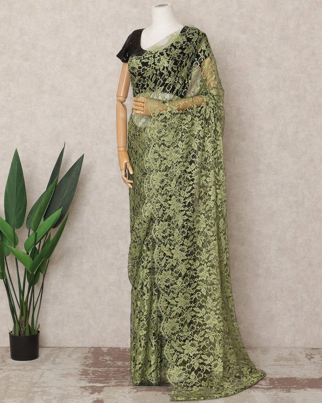 Olive Green Premium French 2Tone Chantilly Saree Lace Fabric, Approx. 5.5 Mtrs, Width 110 Cms, Made in France-D24069 Regal Fabrics