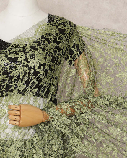 Olive Green Premium French 2Tone Chantilly Saree Lace Fabric, Approx. 5.5 Mtrs, Width 110 Cms, Made in France-D24069 Regal Fabrics