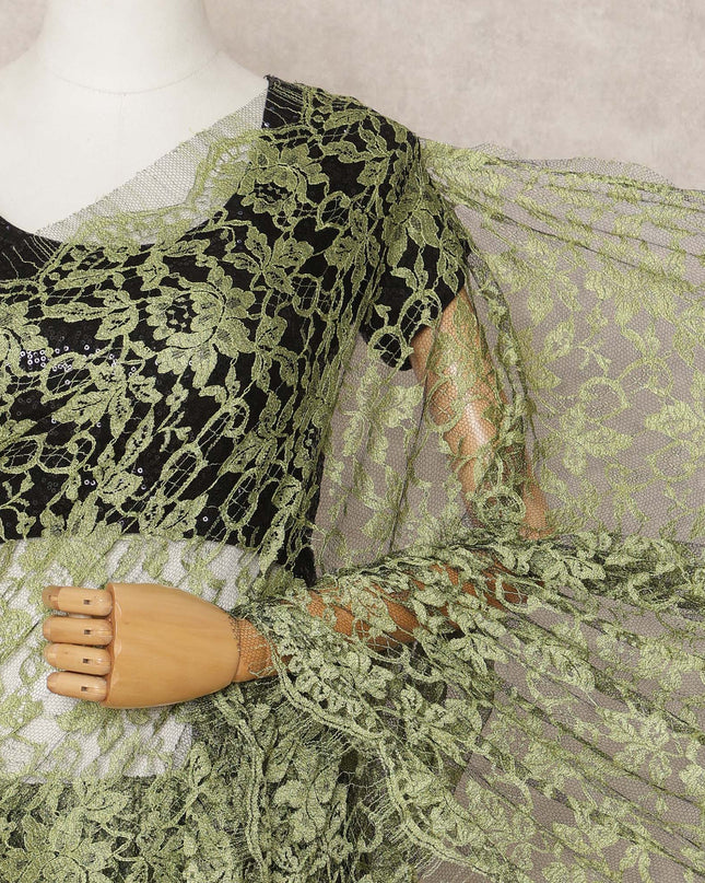 Olive Green Premium French 2Tone Chantilly Saree Lace Fabric, Approx. 5.5 Mtrs, Width 110 Cms, Made in France-D24069 Regal Fabrics