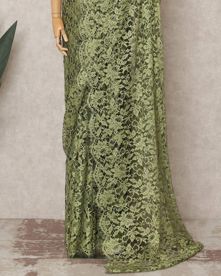 Olive Green Premium French 2Tone Chantilly Saree Lace Fabric, Approx. 5.5 Mtrs, Width 110 Cms, Made in France-D24069 Regal Fabrics