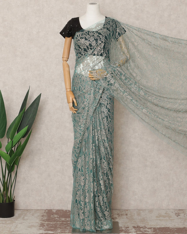 Sage Green Premium French 2Tone Chantilly Saree Lace Fabric, Approx. 5.5 Mtrs, Width 110 Cms, Made in France-D24070 Regal Fabrics