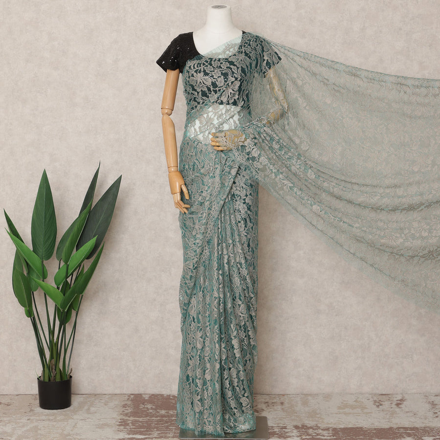 Sage Green Premium French 2Tone Chantilly Saree Lace Fabric, Approx. 5.5 Mtrs, Width 110 Cms, Made in France-D24070 Regal Fabrics