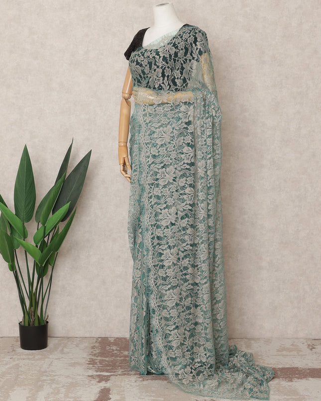 Sage Green Premium French 2Tone Chantilly Saree Lace Fabric, Approx. 5.5 Mtrs, Width 110 Cms, Made in France-D24070 Regal Fabrics