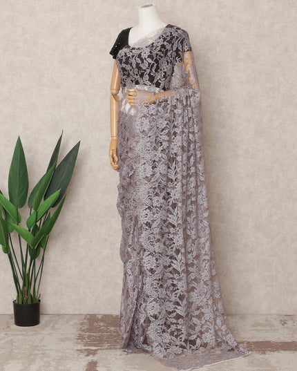 قماش ساري شانتيلي فرنسي فاخر بلون رمادي لافندر، ثنائي اللون، بطول ٥.٥ متر تقريبًا، وعرض ١١٠ سم، صنع في فرنسا - D24072