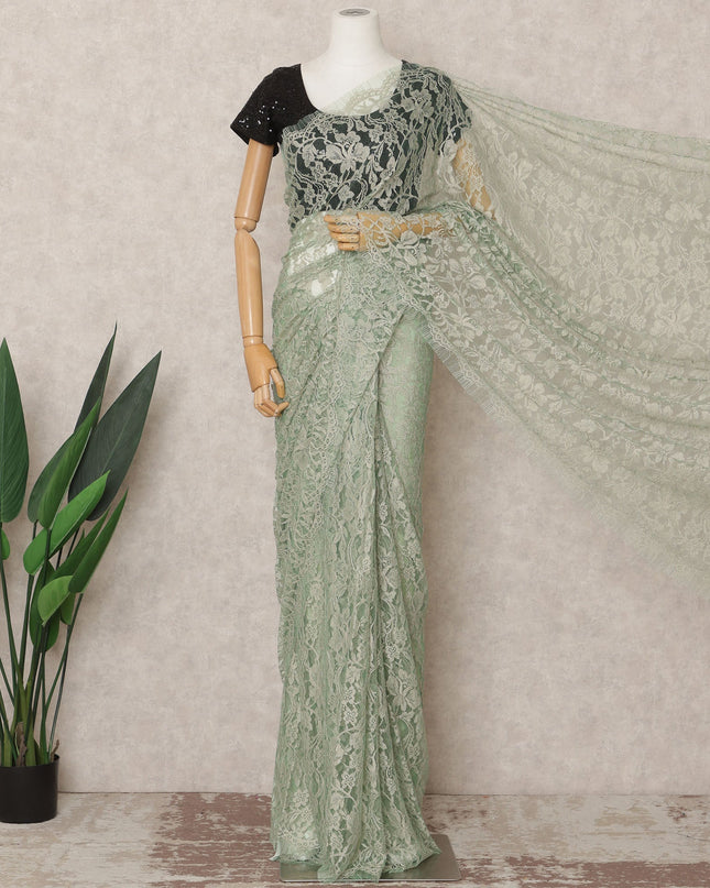 Sage Green Premium French 2Tone Chantilly Saree Lace Fabric, Approx. 5.5 Mtrs, Width 110 Cms, Made in France-D24073 Regal Fabrics
