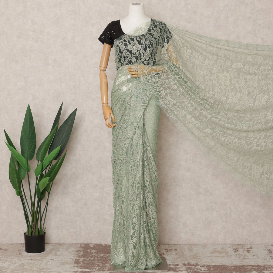 Sage Green Premium French 2Tone Chantilly Saree Lace Fabric, Approx. 5.5 Mtrs, Width 110 Cms, Made in France-D24073 Regal Fabrics