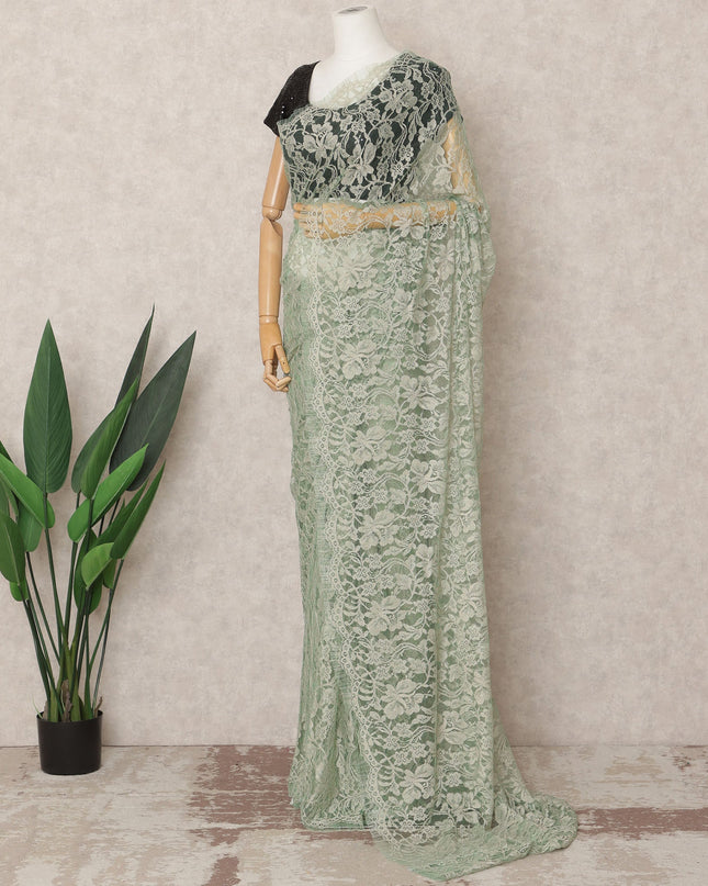 Sage Green Premium French 2Tone Chantilly Saree Lace Fabric, Approx. 5.5 Mtrs, Width 110 Cms, Made in France-D24073 Regal Fabrics