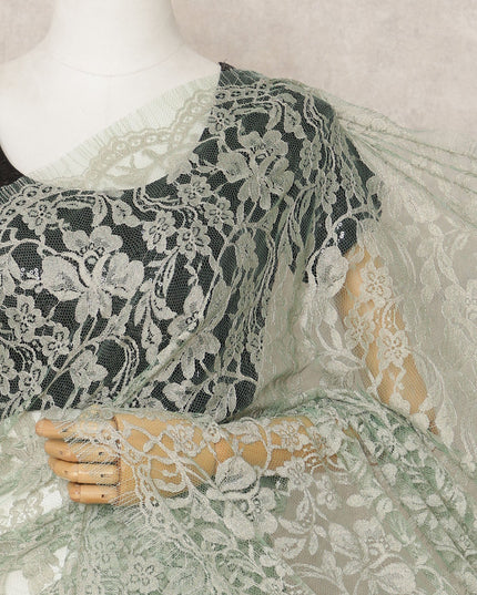 Sage Green Premium French 2Tone Chantilly Saree Lace Fabric, Approx. 5.5 Mtrs, Width 110 Cms, Made in France-D24073 Regal Fabrics