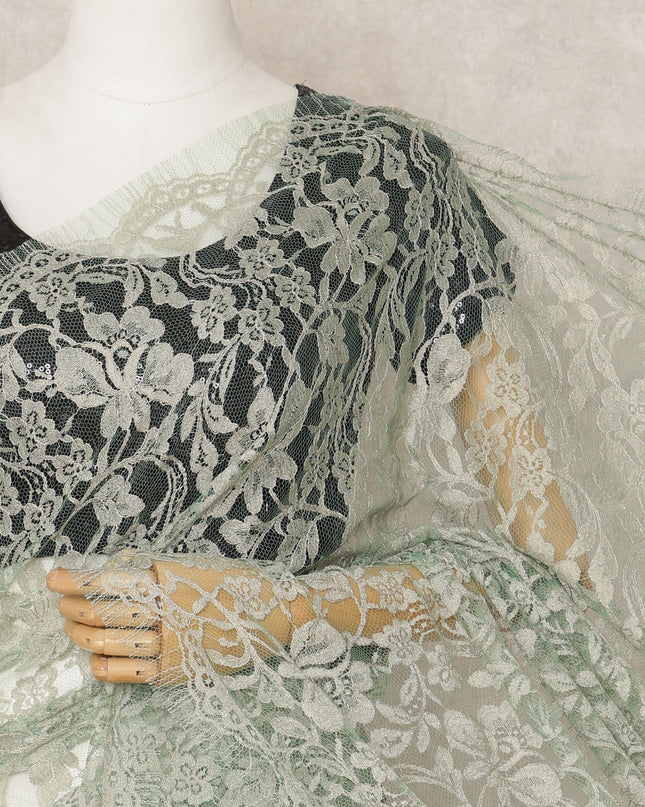 Sage Green Premium French 2Tone Chantilly Saree Lace Fabric, Approx. 5.5 Mtrs, Width 110 Cms, Made in France-D24073 Regal Fabrics