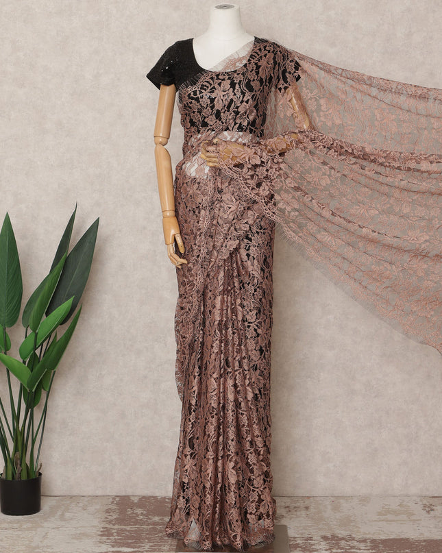 Rose Brown Premium French 2Tone Chantilly Saree Lace Fabric, Approx. 5.5 Mtrs, Width 110 Cms, Made in France-D24074 Regal Fabrics