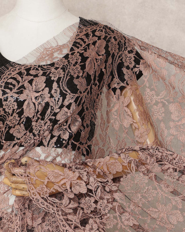 Rose Brown Premium French 2Tone Chantilly Saree Lace Fabric, Approx. 5.5 Mtrs, Width 110 Cms, Made in France-D24074 Regal Fabrics