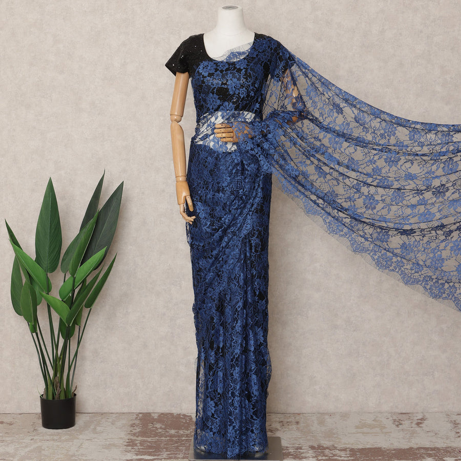 Navy Blue Premium French 2Tone Chantilly Saree Lace Fabric, Approx. 5.5 Mtrs, Width 110 Cms, Made in France-D24075 Regal Fabrics