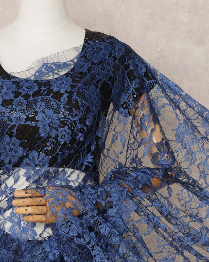 Navy Blue Premium French 2Tone Chantilly Saree Lace Fabric, Approx. 5.5 Mtrs, Width 110 Cms, Made in France-D24075 Regal Fabrics
