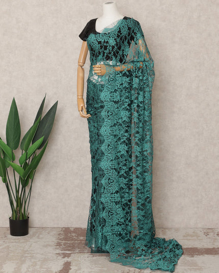 قماش ساري شانتيلي فرنسي فاخر بلونين، أخضر مزرق، بطول ٥.٥ متر تقريبًا، وعرض ١١٠ سم، صنع في فرنسا - D24076