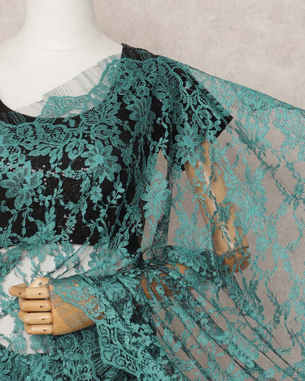 قماش ساري شانتيلي فرنسي فاخر بلونين، أخضر مزرق، بطول ٥.٥ متر تقريبًا، وعرض ١١٠ سم، صنع في فرنسا - D24076