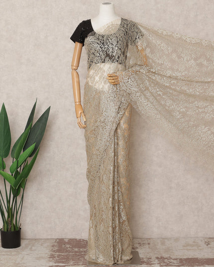 Champagne Premium French Metallic Chantilly Saree Lace Fabric, Approx. 5.5 Mtrs, Width 110 Cms, Made in France-D24078