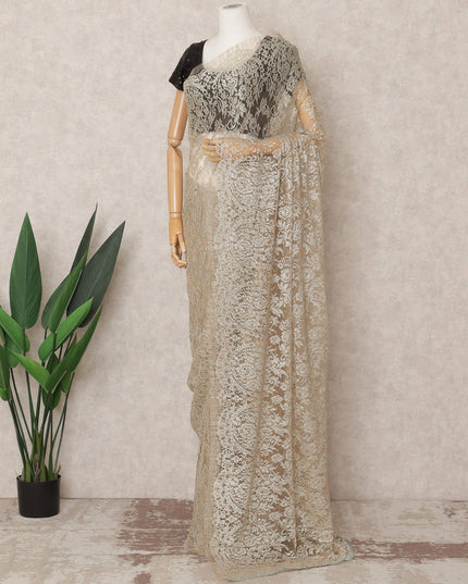 Champagne Premium French Metallic Chantilly Saree Lace Fabric, Approx. 5.5 Mtrs, Width 110 Cms, Made in France-D24078