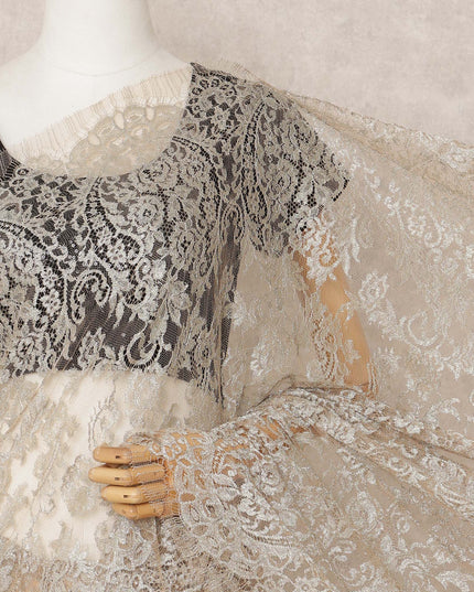 Champagne Premium French Metallic Chantilly Saree Lace Fabric, Approx. 5.5 Mtrs, Width 110 Cms, Made in France-D24078