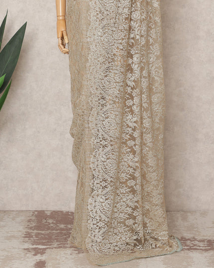 Champagne Premium French Metallic Chantilly Saree Lace Fabric, Approx. 5.5 Mtrs, Width 110 Cms, Made in France-D24078