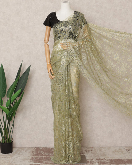 Light Green Premium French Metallic Chantilly Saree Lace Fabric, Approx. 5.5 Mtrs, Width 110 Cms, Made in France-D24079 Regal Fabrics
