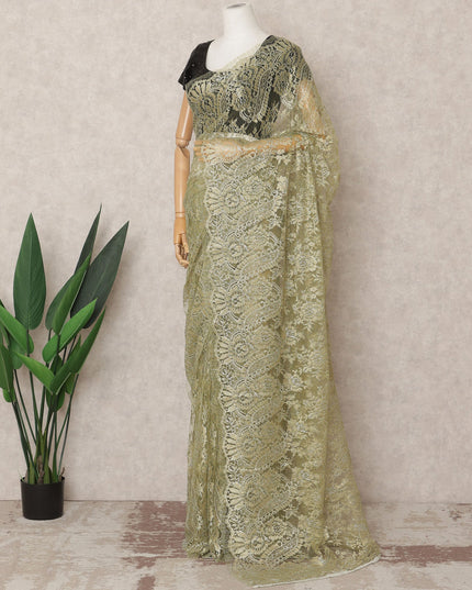 Light Green Premium French Metallic Chantilly Saree Lace Fabric, Approx. 5.5 Mtrs, Width 110 Cms, Made in France-D24079 Regal Fabrics