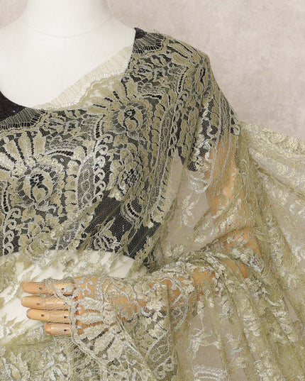 Light Green Premium French Metallic Chantilly Saree Lace Fabric, Approx. 5.5 Mtrs, Width 110 Cms, Made in France-D24079 Regal Fabrics