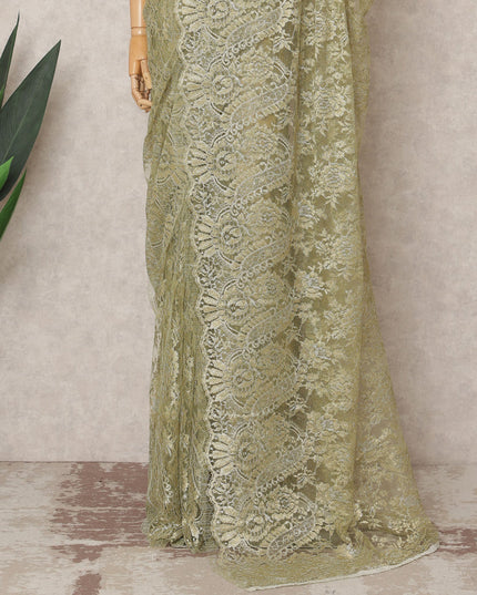 Light Green Premium French Metallic Chantilly Saree Lace Fabric, Approx. 5.5 Mtrs, Width 110 Cms, Made in France-D24079 Regal Fabrics