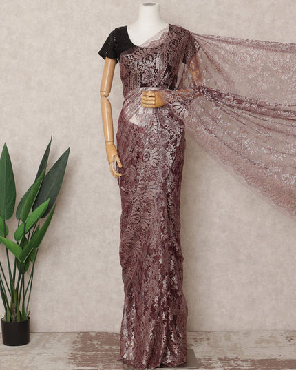 قماش ساري شانتيلي فرنسي فاخر بلون أحمر غامق، بطول ٥.٥ متر تقريبًا، وعرض ١١٠ سم، صنع في فرنسا - D24084