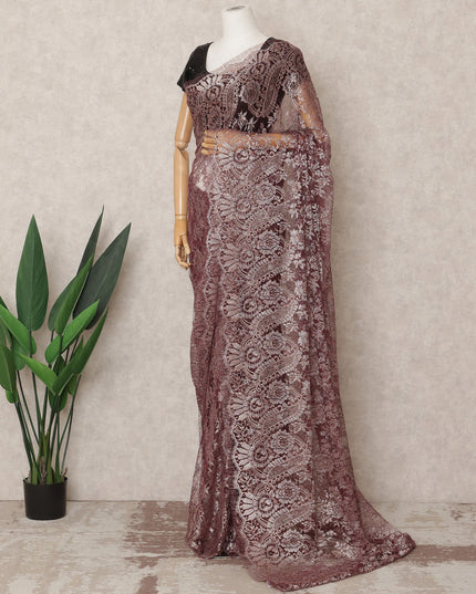 قماش ساري شانتيلي فرنسي فاخر بلون أحمر غامق، بطول ٥.٥ متر تقريبًا، وعرض ١١٠ سم، صنع في فرنسا - D24084