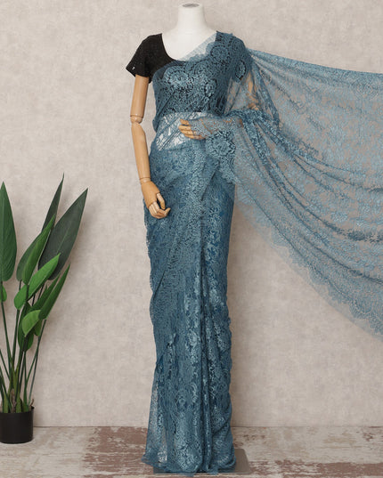 Teal Blue Premium French Metallic Chantilly Saree Lace Fabric, Approx. 5.5 Mtrs, Width 110 Cms, Made in France-D24085 Regal Fabrics