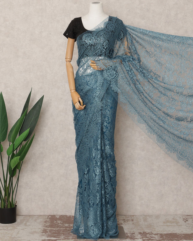 Teal Blue Premium French Metallic Chantilly Saree Lace Fabric, Approx. 5.5 Mtrs, Width 110 Cms, Made in France-D24085 Regal Fabrics