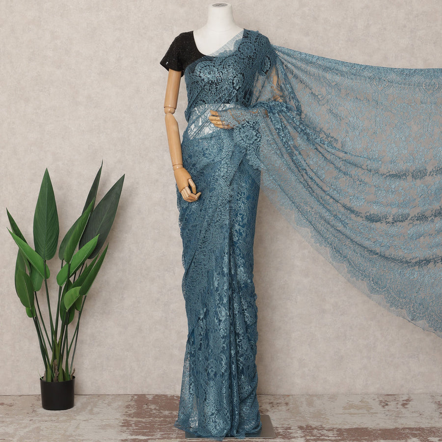 Teal Blue Premium French Metallic Chantilly Saree Lace Fabric, Approx. 5.5 Mtrs, Width 110 Cms, Made in France-D24085 Regal Fabrics