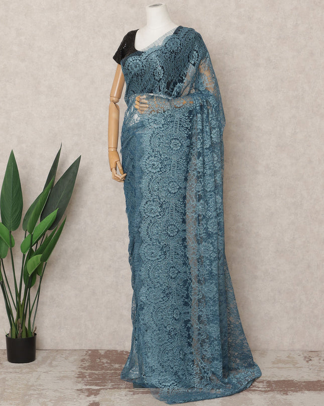Teal Blue Premium French Metallic Chantilly Saree Lace Fabric, Approx. 5.5 Mtrs, Width 110 Cms, Made in France-D24085 Regal Fabrics