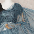 Teal Blue Premium French Metallic Chantilly Saree Lace Fabric, Approx. 5.5 Mtrs, Width 110 Cms, Made in France-D24085 Regal Fabrics