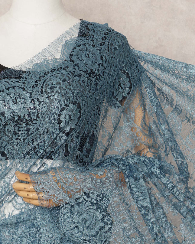 Teal Blue Premium French Metallic Chantilly Saree Lace Fabric, Approx. 5.5 Mtrs, Width 110 Cms, Made in France-D24085 Regal Fabrics