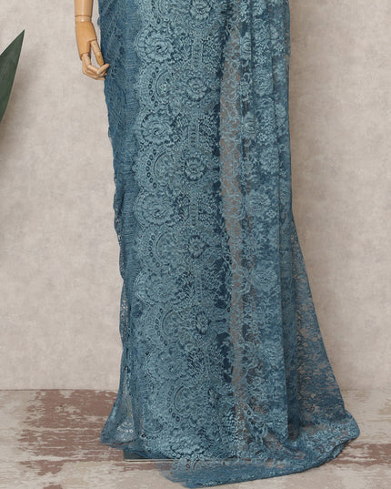 Teal Blue Premium French Metallic Chantilly Saree Lace Fabric, Approx. 5.5 Mtrs, Width 110 Cms, Made in France-D24085 Regal Fabrics