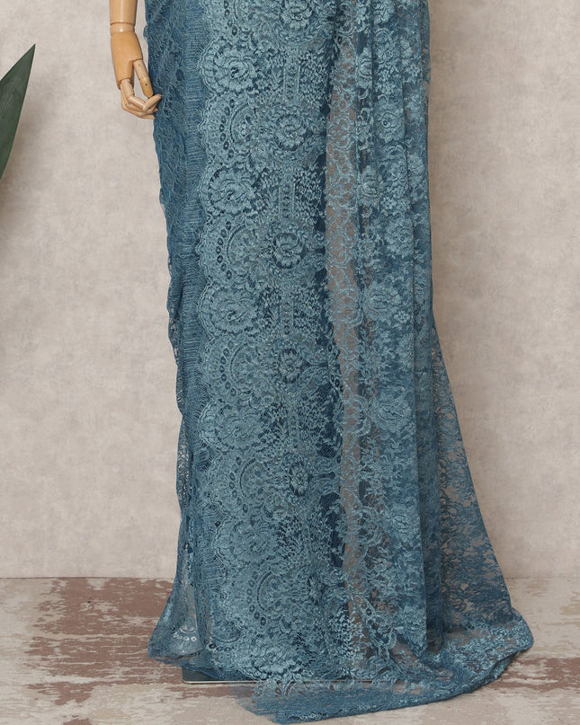 Teal Blue Premium French Metallic Chantilly Saree Lace Fabric, Approx. 5.5 Mtrs, Width 110 Cms, Made in France-D24085 Regal Fabrics