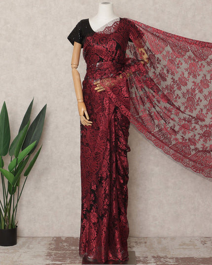 Wine Red Premium French Metallic Chantilly Saree Lace Fabric, Approx. 5.5 Mtrs, Width 110 Cms, Made in France-D24086 Regal Fabrics