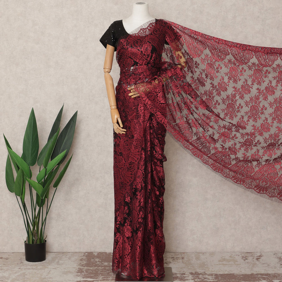Wine Red Premium French Metallic Chantilly Saree Lace Fabric, Approx. 5.5 Mtrs, Width 110 Cms, Made in France-D24086 Regal Fabrics
