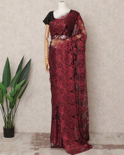 Wine Red Premium French Metallic Chantilly Saree Lace Fabric, Approx. 5.5 Mtrs, Width 110 Cms, Made in France-D24086 Regal Fabrics