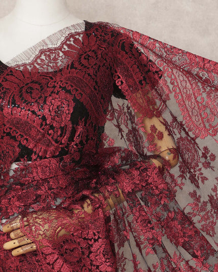 Wine Red Premium French Metallic Chantilly Saree Lace Fabric, Approx. 5.5 Mtrs, Width 110 Cms, Made in France-D24086 Regal Fabrics