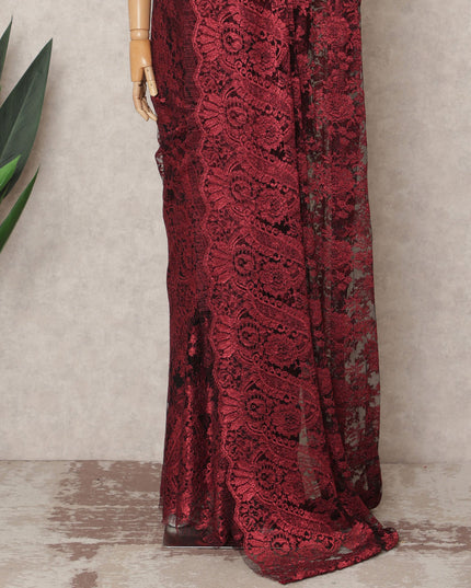Wine Red Premium French Metallic Chantilly Saree Lace Fabric, Approx. 5.5 Mtrs, Width 110 Cms, Made in France-D24086 Regal Fabrics