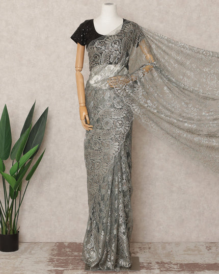Steel Grey Premium French Metallic Chantilly Saree Lace Fabric, Approx. 5.5 Mtrs, Width 110 Cms, Made in France-D24087 Regal Fabrics