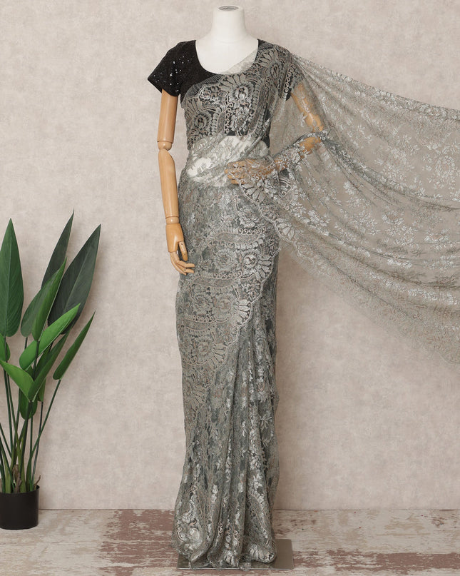 Steel Grey Premium French Metallic Chantilly Saree Lace Fabric, Approx. 5.5 Mtrs, Width 110 Cms, Made in France-D24087 Regal Fabrics