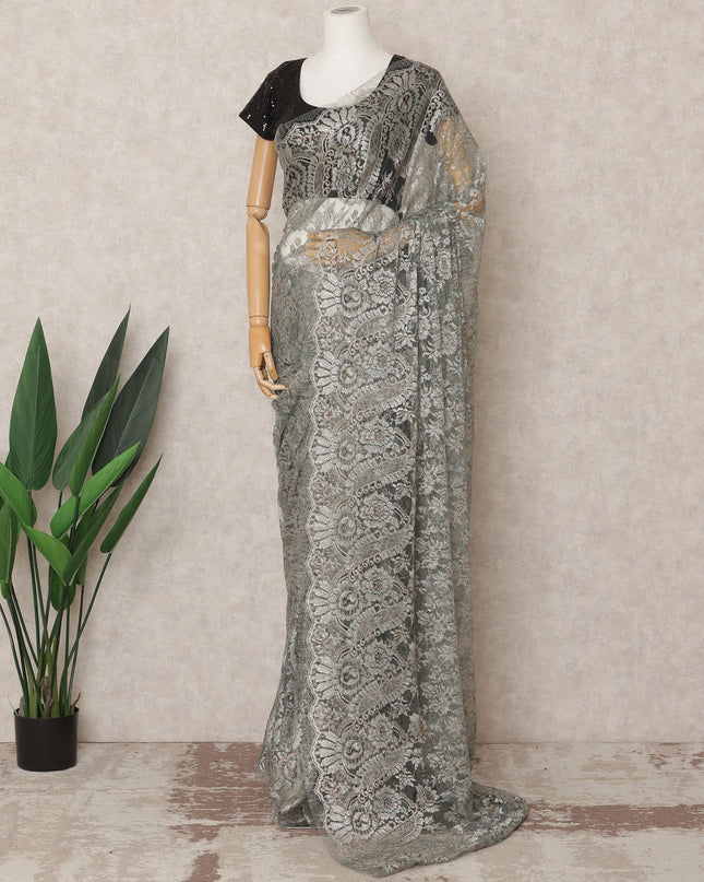 Steel Grey Premium French Metallic Chantilly Saree Lace Fabric, Approx. 5.5 Mtrs, Width 110 Cms, Made in France-D24087 Regal Fabrics