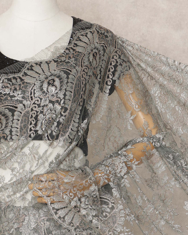 Steel Grey Premium French Metallic Chantilly Saree Lace Fabric, Approx. 5.5 Mtrs, Width 110 Cms, Made in France-D24087 Regal Fabrics