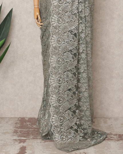 Steel Grey Premium French Metallic Chantilly Saree Lace Fabric, Approx. 5.5 Mtrs, Width 110 Cms, Made in France-D24087 Regal Fabrics