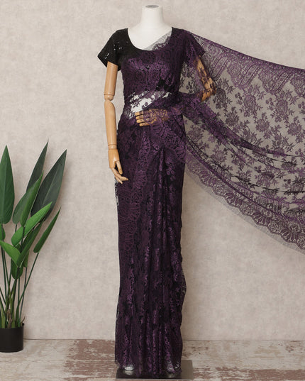 Deep Purple Premium French Metallic Chantilly Saree Lace Fabric, Approx. 5.5 Mtrs, Width 110 Cms, Made in France-D24088